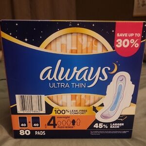 Always Ultra Thin Overnight Pads with Flexi-Wings NEW Box 80 Pads